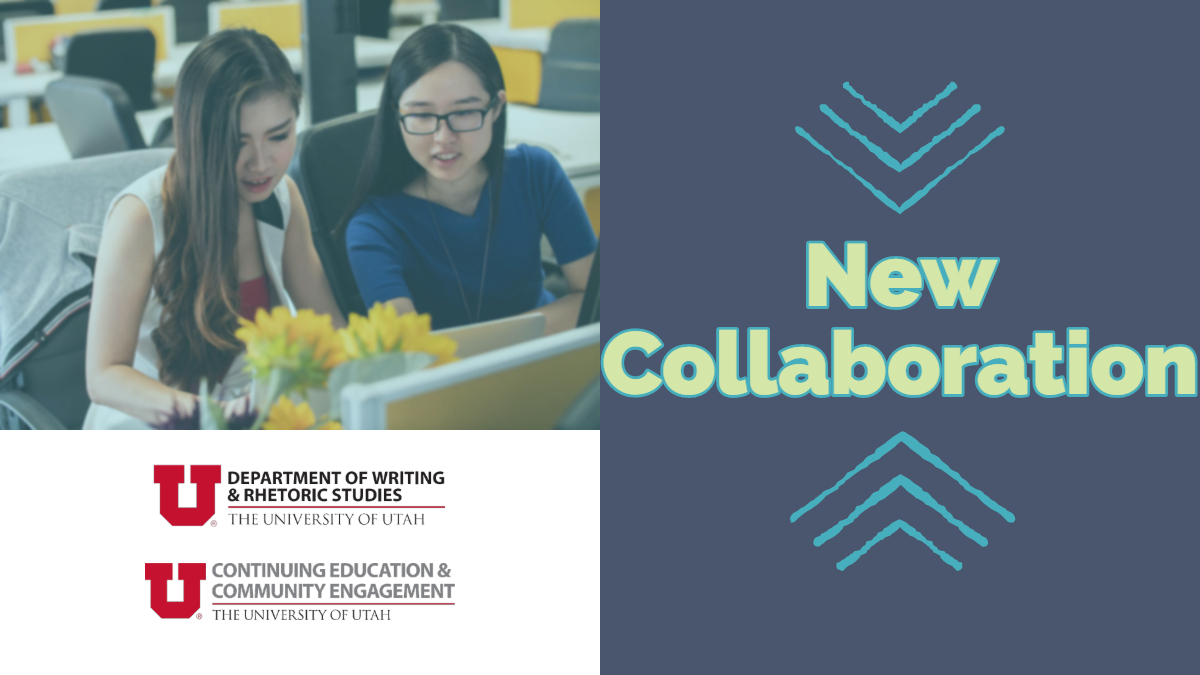 Decorative. Picture of two students studying with both Writing & Rhetoric Studies and Continuing Education Logos next to text that states "New Collaboration"