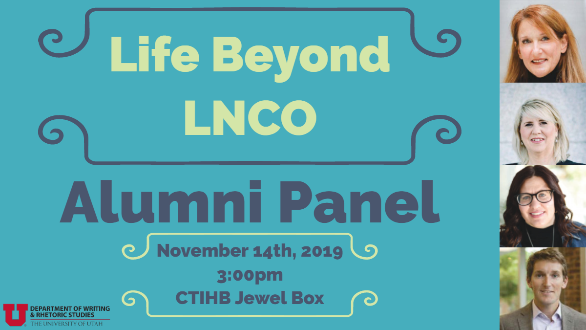 Life Beyond LNCO Event Announcement, headshots of our four Alumni guests: Nate Blouin, Holly Langton, Collett Litchard, & Shauna Edson