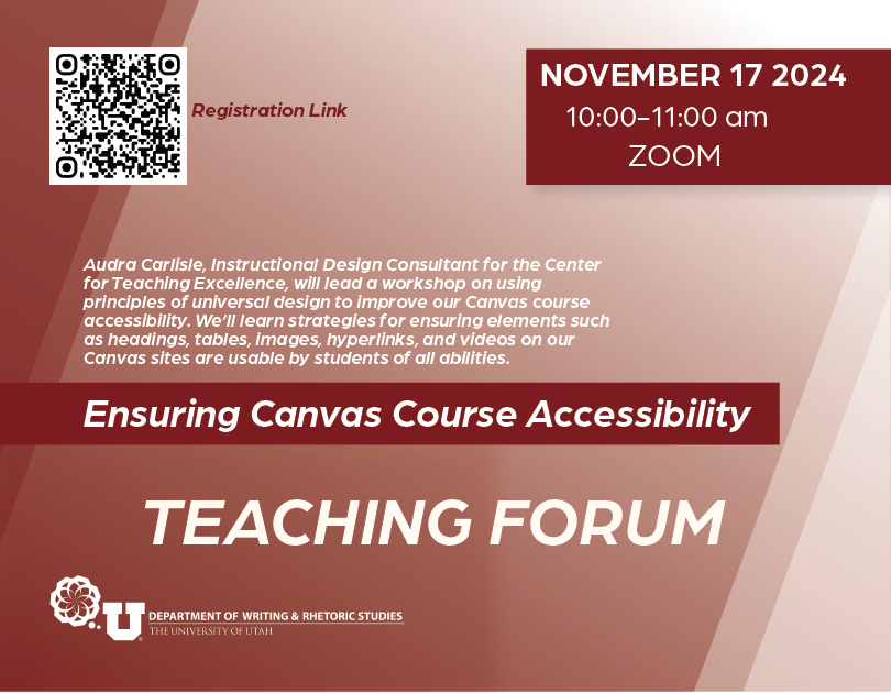 Audra Carlisle, Instructional Design Consultant for the Center for Teaching Excellence, will lead a workshop on using principles of universal design to improve our Canvas course accessibility. We’ll learn strategies for ensuring elements such as headings, tables, images, hyperlinks, and videos on our Canvas sites are usable by students of all abilities. 